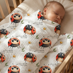 Custom muslin swaddle wrap personalized with baby name, soft breathable fabric, 120x120cm size for newborns.