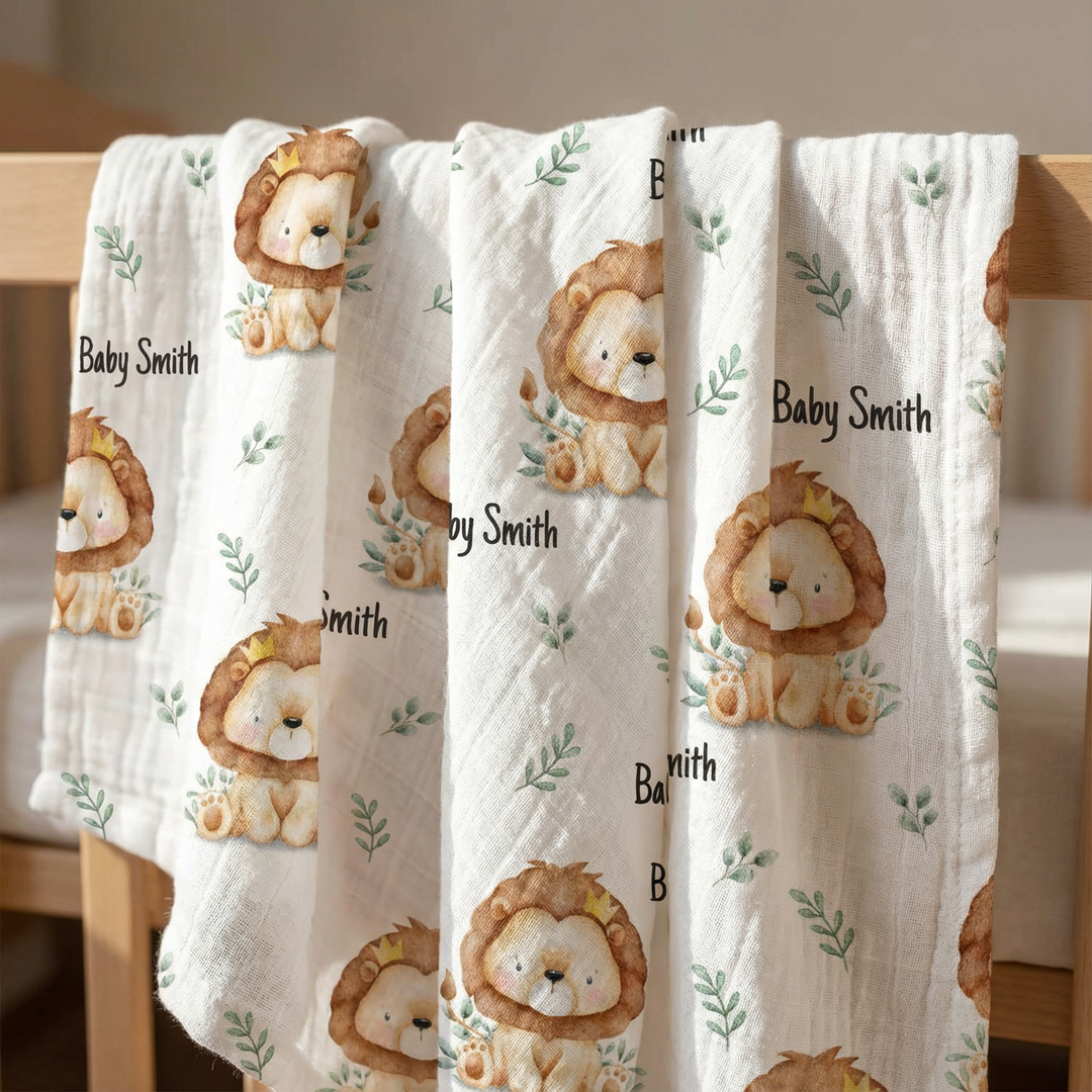 Personalised muslin swaddle wrap with baby name, soft breathable fabric for newborns, 120x120cm size