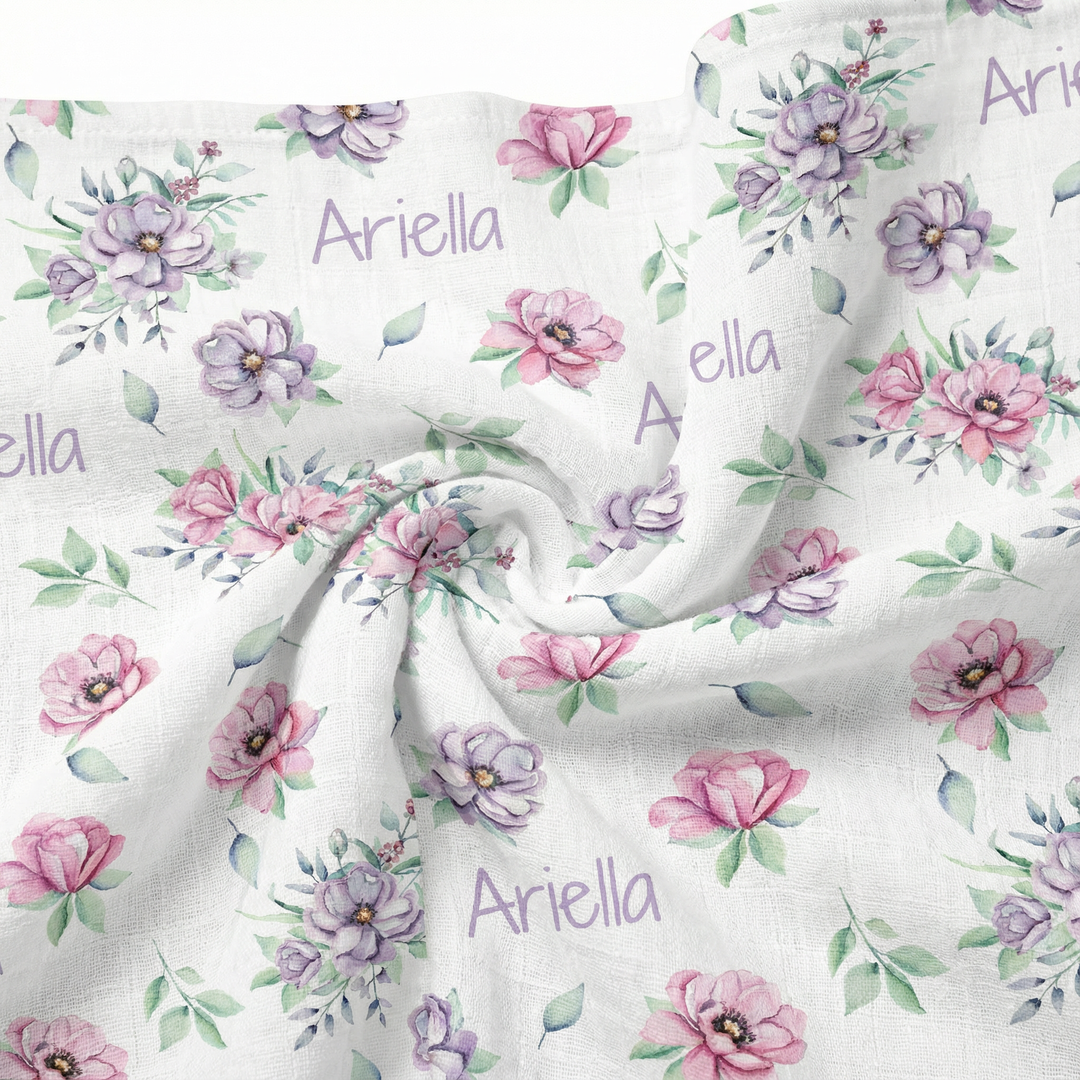 Personalised muslin swaddle wrap with baby name, soft breathable fabric, 120x120cm size for newborns and babies