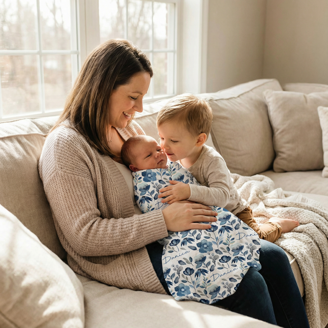 Personalised Muslin Swaddle wrap with baby name printed, soft breathable fabric, 120x120cm for newborns, machine washable and lightweight.