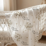 Custom muslin swaddle wrap personalized with baby’s name, soft breathable fabric, 120x120cm size for swaddling and cuddling.