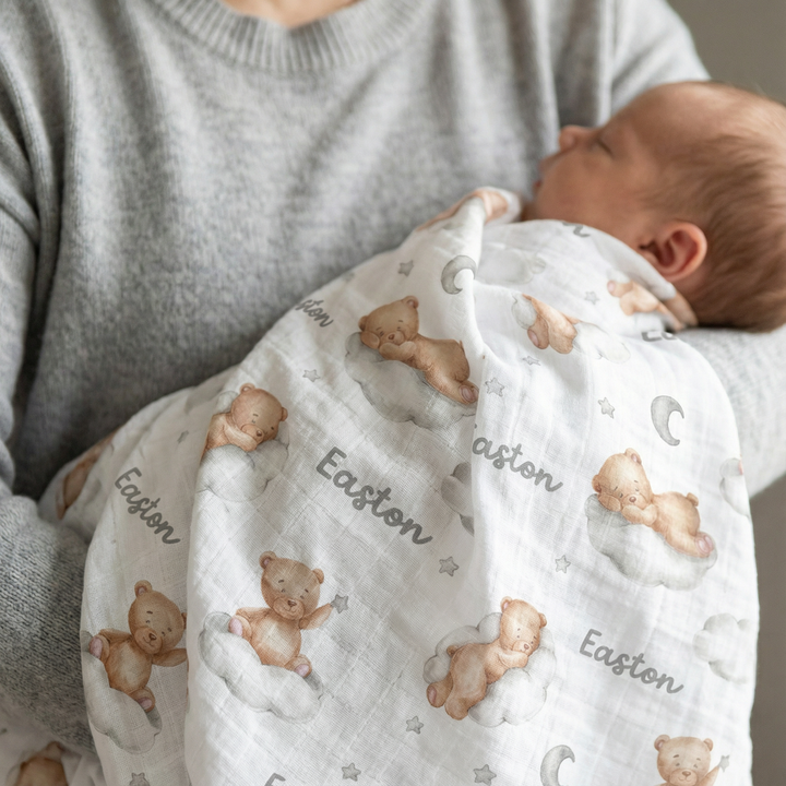Personalised muslin swaddle wrap with baby name, soft breathable fabric, 120x120cm, ideal for newborns and gifts
