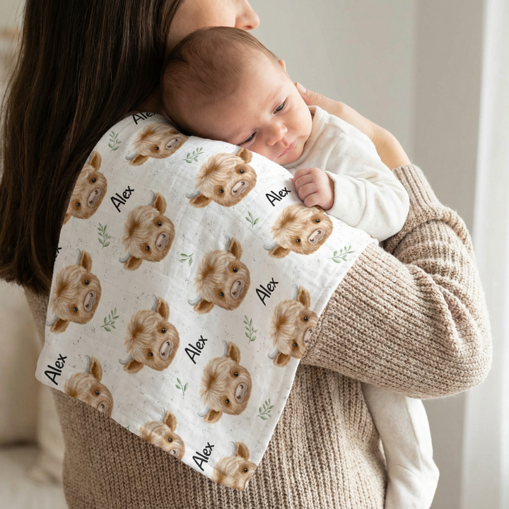 Personalised muslin swaddle wrap with baby name, soft breathable fabric, 120x120cm size for newborns and babies