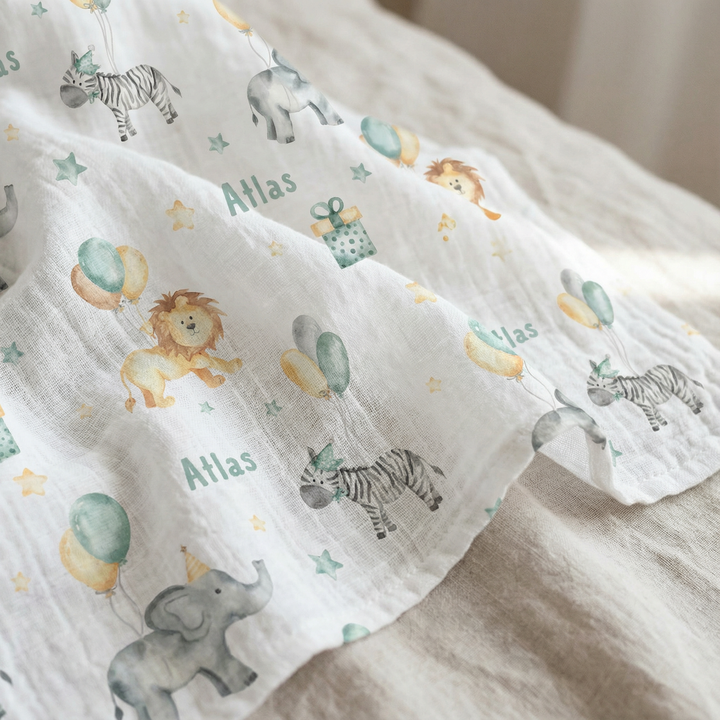 Personalised muslin swaddle wrap with baby name, soft breathable fabric, 120x120cm size for newborn comfort and keepsake gift