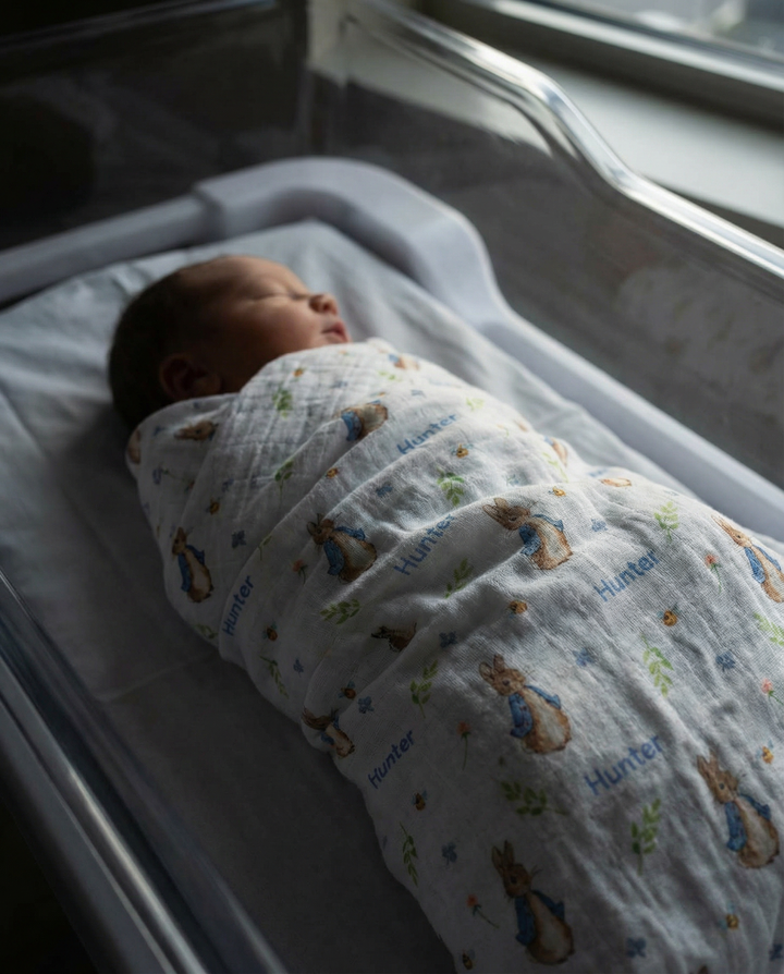 Personalised muslin swaddle wrap with baby name, soft breathable fabric, 120x120cm, ideal for newborns and gifts