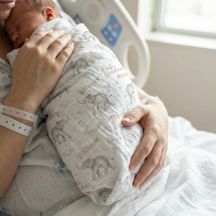 Personalised custom muslin swaddle wrap with baby’s name, soft breathable fabric, 120x120cm for newborns and babies