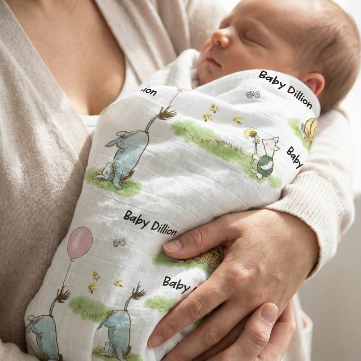 Personalised muslin swaddle wrap with baby name, soft breathable fabric, 120x120cm, gentle for newborns