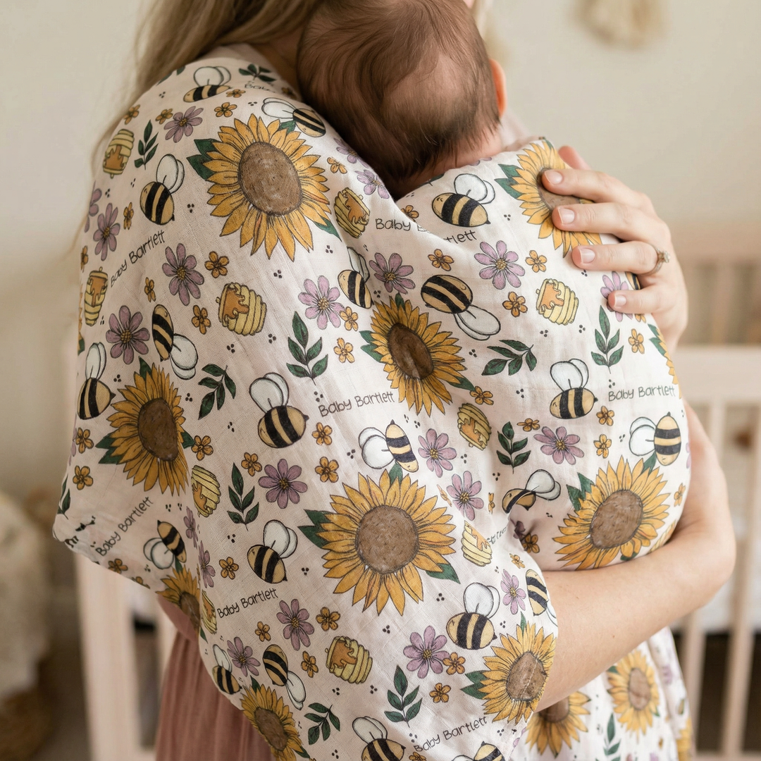 Personalised muslin swaddle wrap with baby name, soft breathable fabric, 120x120cm, perfect for newborns and gifting
