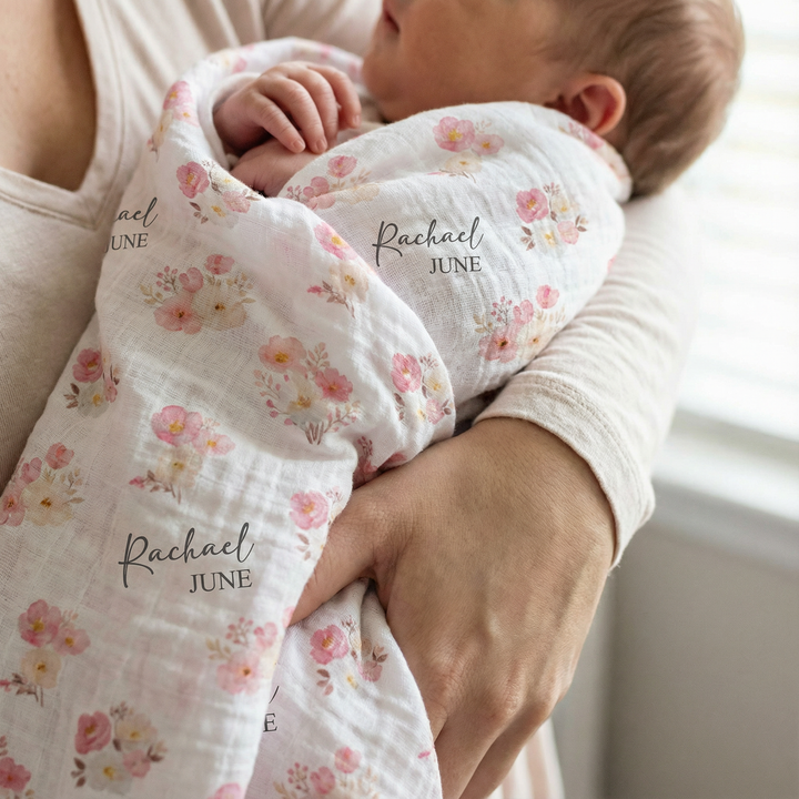 Custom muslin swaddle wrap personalized with baby’s name, made from soft breathable fabric, 120x120cm, perfect for newborns and machine washable.