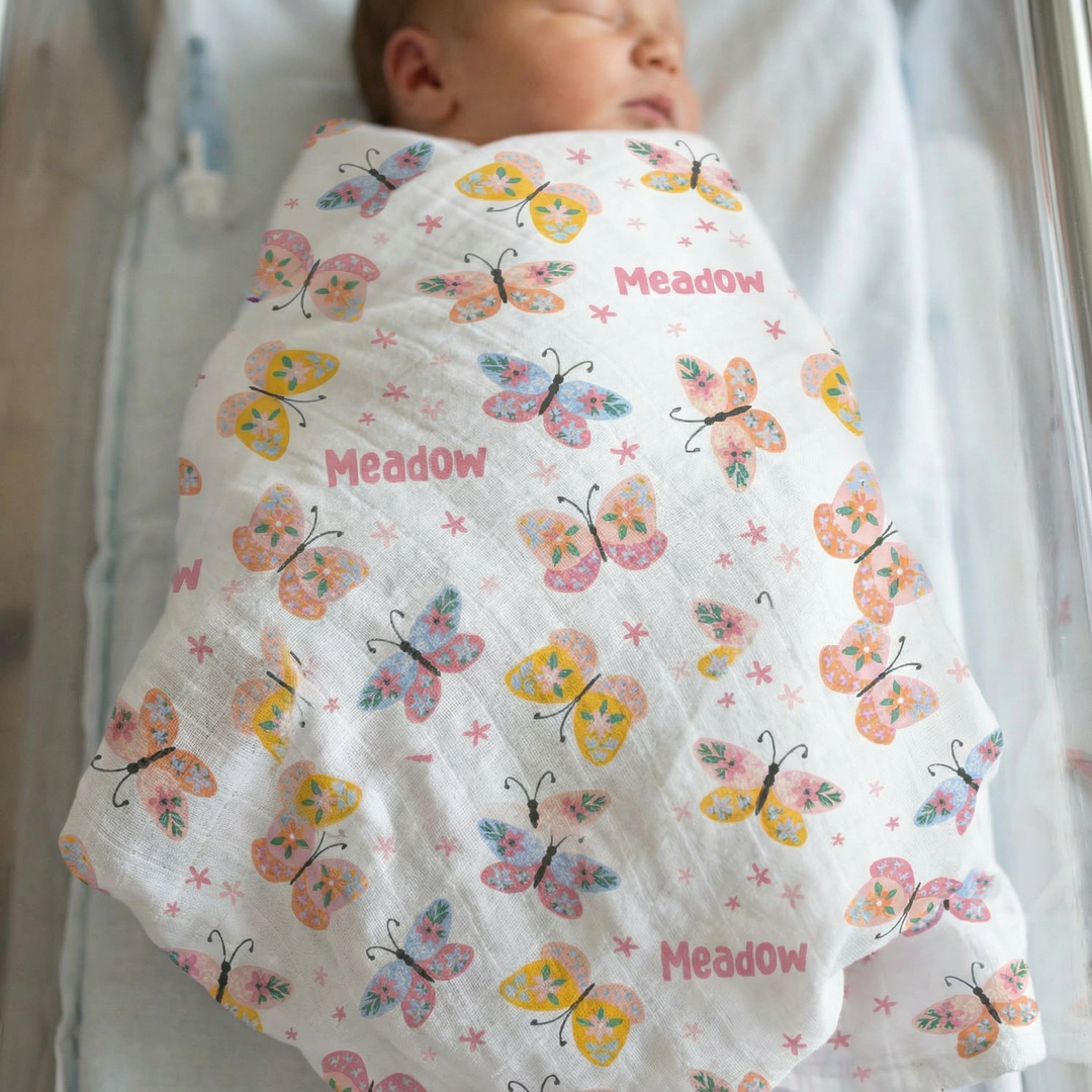 Personalised muslin swaddle wrap with baby name, soft breathable fabric, 120x120cm size for newborns and babies