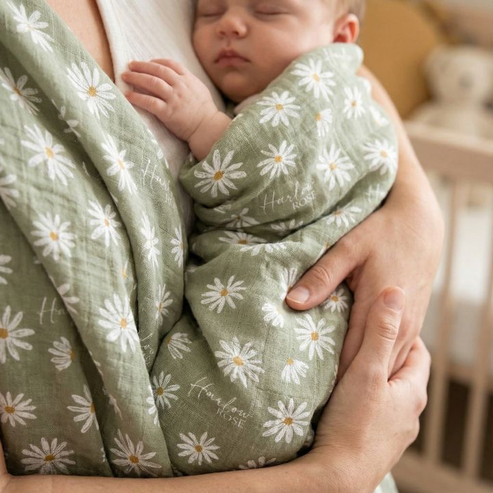Personalised custom muslin swaddle wrap with baby name, soft breathable fabric, 120x120cm, ideal for newborns and babies.