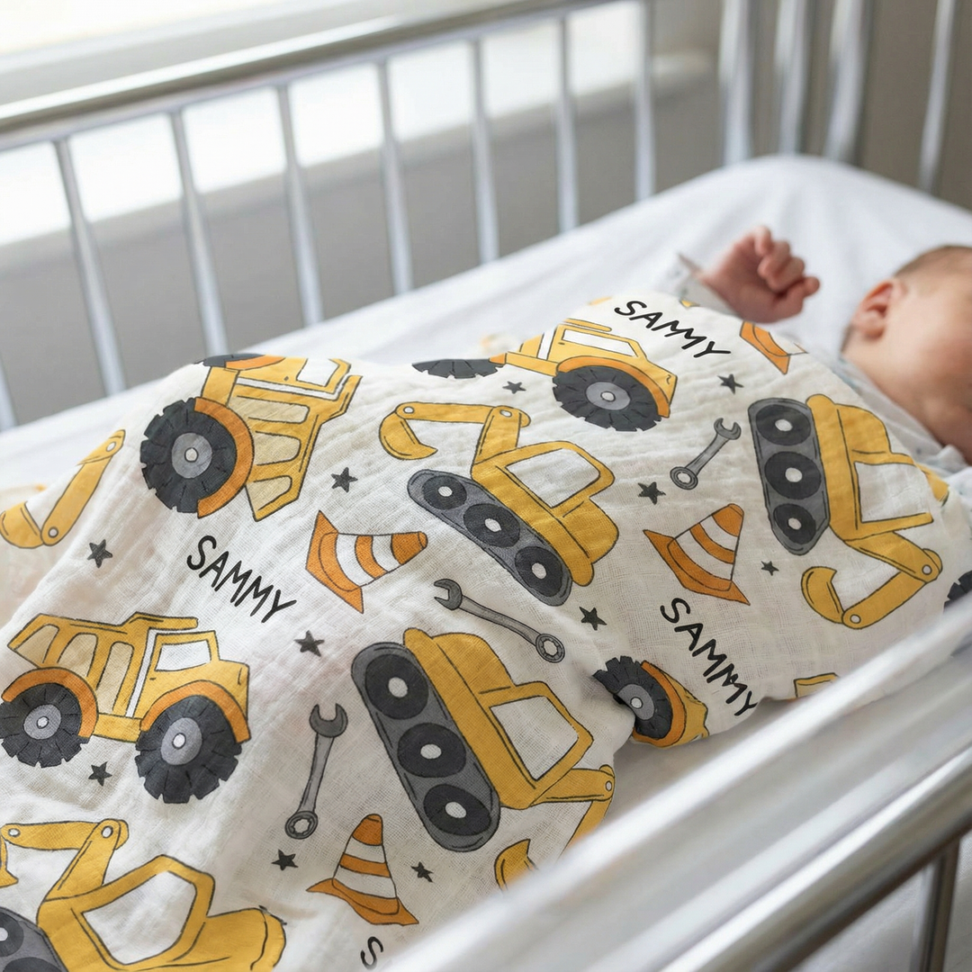 Personalised muslin swaddle wrap with baby name, soft breathable fabric, 120x120cm, gentle for newborns