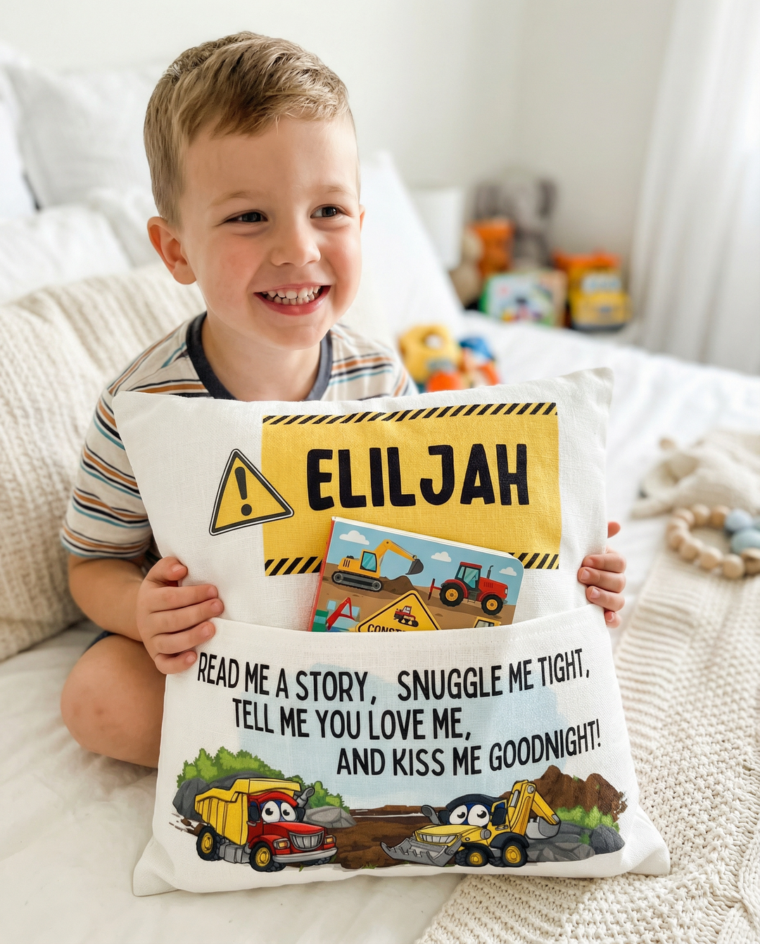 Personalised Construction Pocket Book Cushion with construction vehicle designs and built-in book pocket for kids