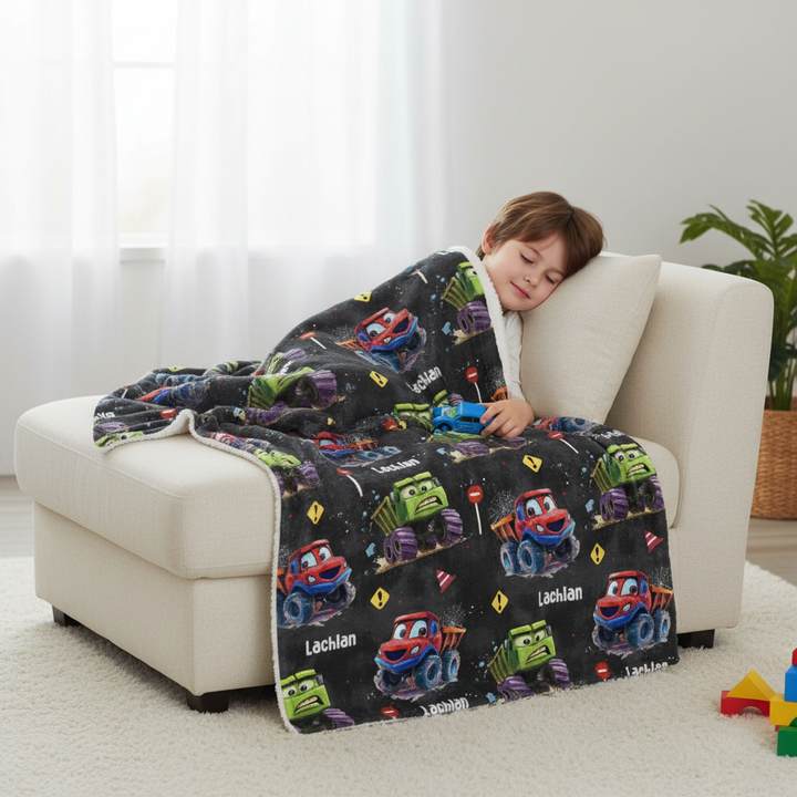 Personalised kids luxe sherpa blanket with plush velvet front and soft sherpa fleece backing