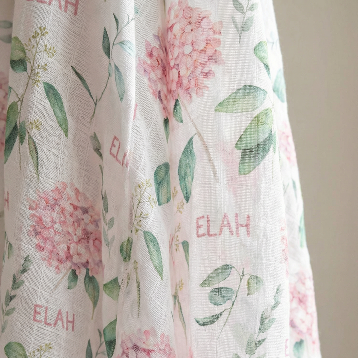 Personalised muslin swaddle wrap with baby’s name, soft breathable fabric, 120x120cm size for newborn comfort and versatile use