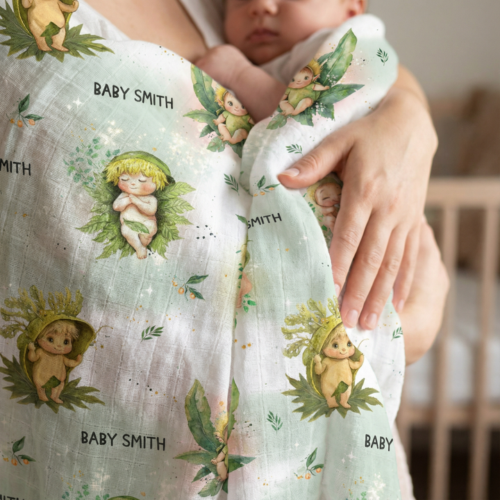 Personalised muslin swaddle wrap with baby name, soft breathable fabric, 120x120cm, perfect for newborns.