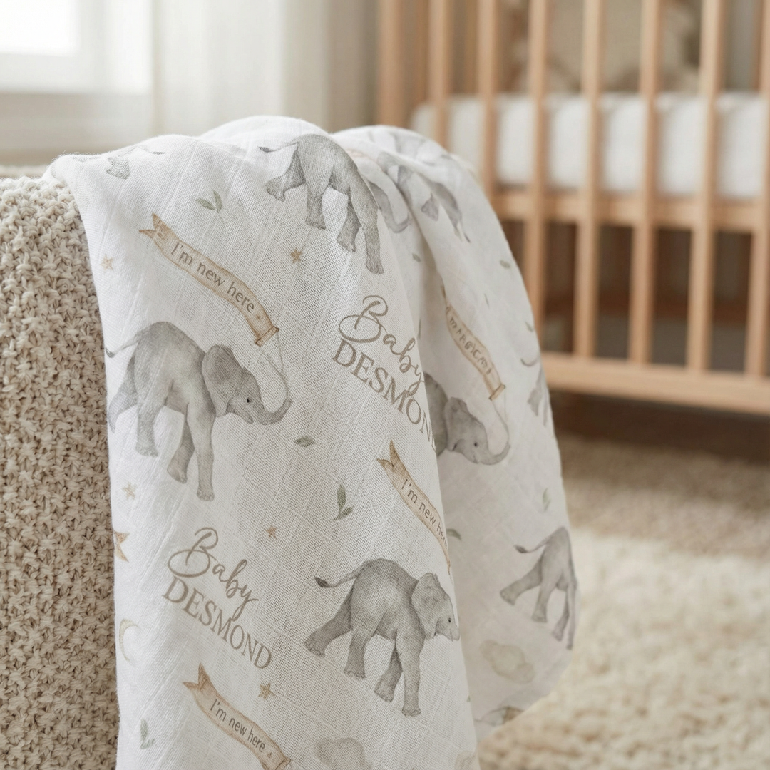 Soft personalized custom muslin swaddle wrap with baby name, lightweight and breathable for newborns, 120x120cm size