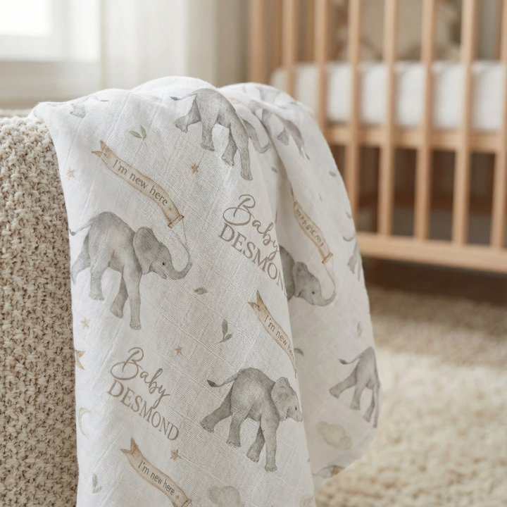 Soft personalized custom muslin swaddle wrap with baby name, lightweight and breathable for newborns, 120x120cm size