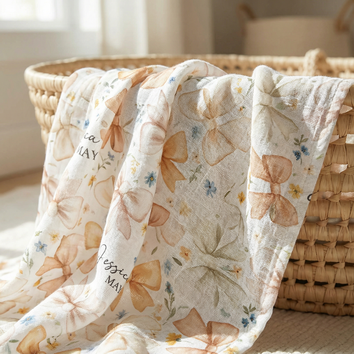 Personalised custom muslin swaddle wrap with baby’s name, lightweight and breathable 120x120cm fabric for newborn comfort and versatile use