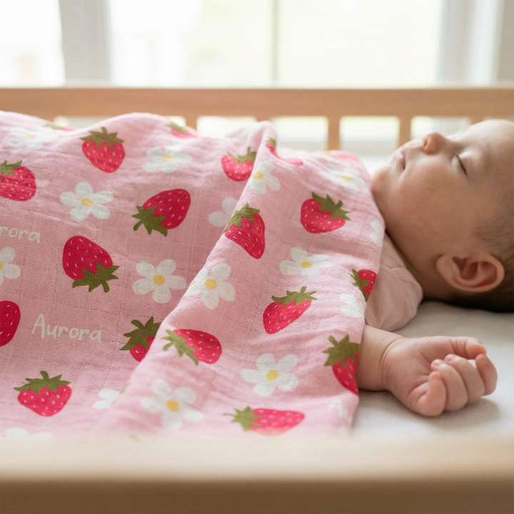 Personalised muslin swaddle wrap with baby name, soft breathable fabric, and 120x120cm size for newborns