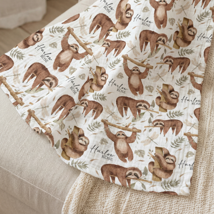 Personalised custom muslin swaddle wrap for newborns with baby name, soft breathable fabric, 120x120cm size