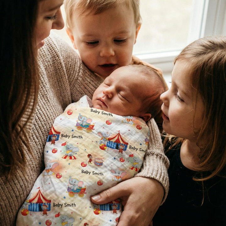 Personalised muslin swaddle wrap with baby name, soft breathable fabric, 120x120cm size for newborns.