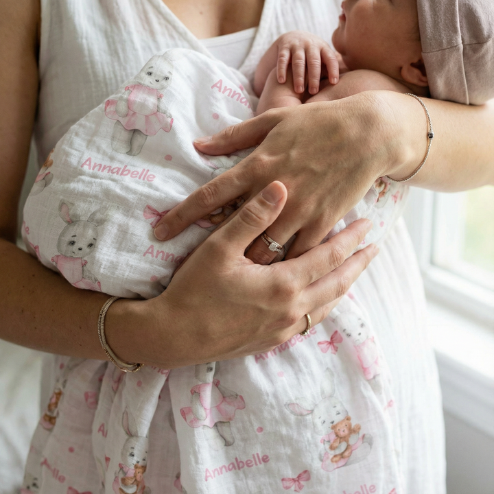 Personalised muslin swaddle wrap with baby name, soft breathable fabric, 120x120cm for newborn comfort
