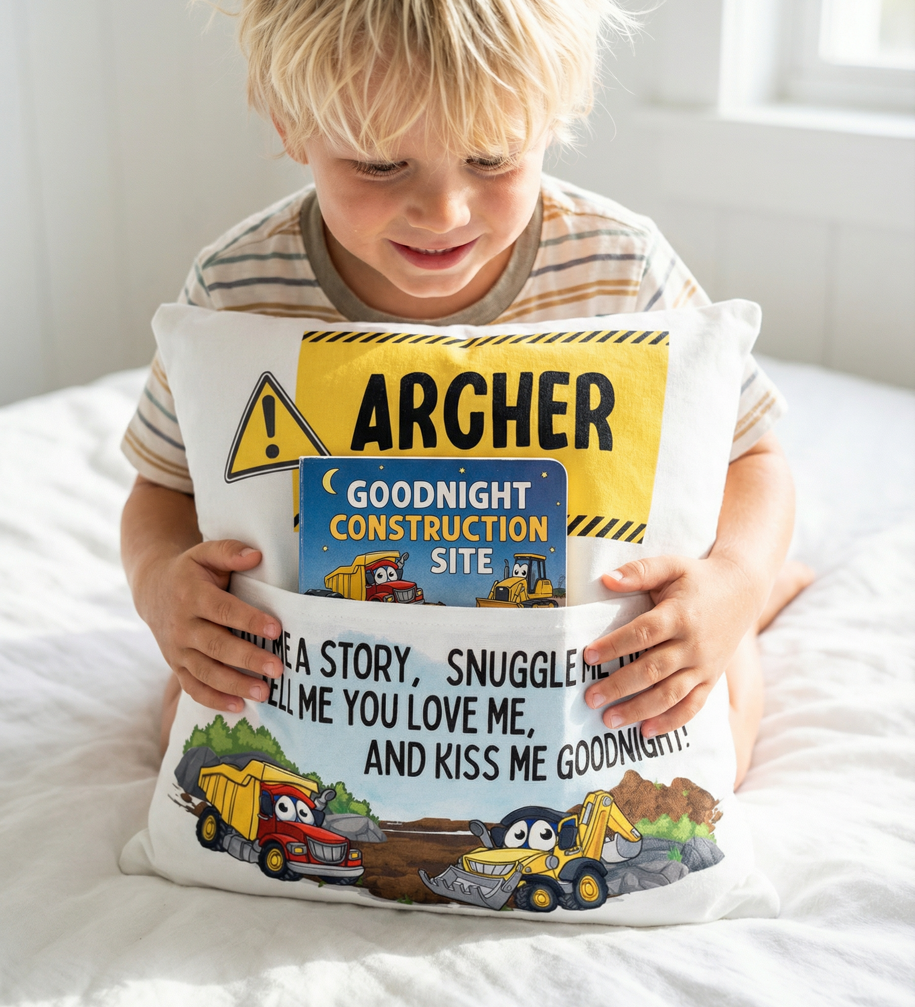 Personalised construction pocket book cushion with truck and digger design and built-in book pocket for kids