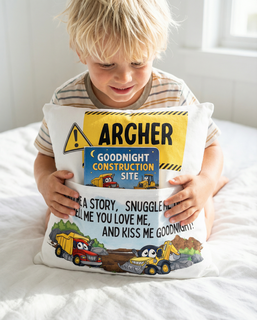 Personalised construction pocket book cushion with truck and digger design and built-in book pocket for kids
