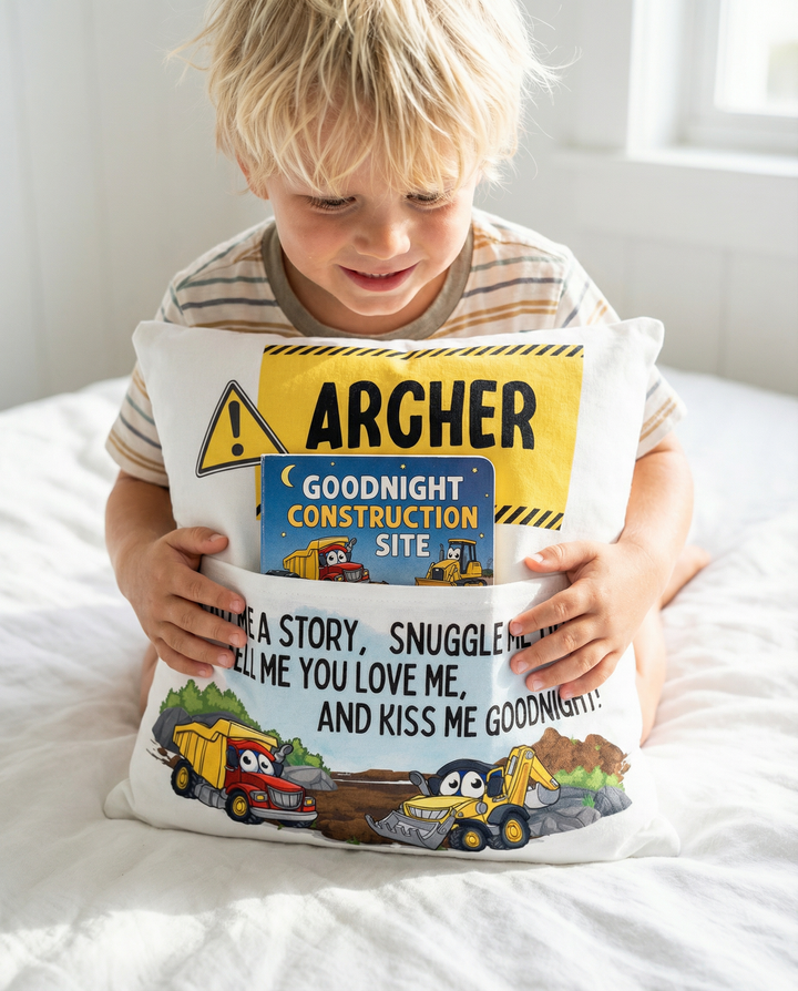 Personalised construction pocket book cushion with truck and digger design and built-in book pocket for kids