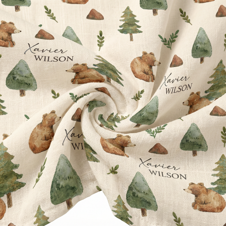 Custom muslin swaddle wrap personalized with baby’s name, soft breathable fabric, 120x120cm size for newborns and babies.