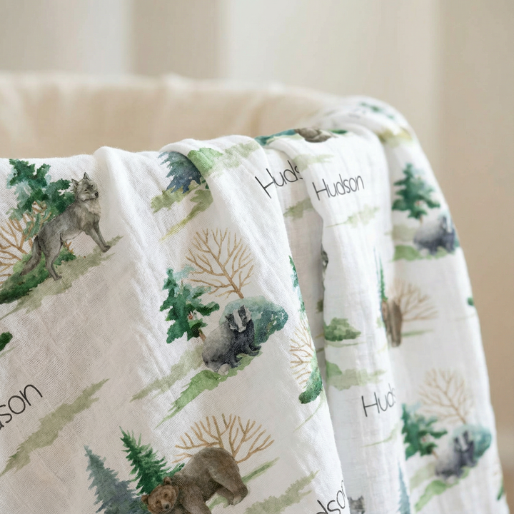 Personalised muslin swaddle wrap with baby’s name, soft breathable fabric, 120x120cm, ideal for newborns and gifts