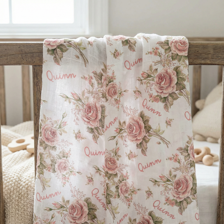 Personalised muslin swaddle wrap with baby name, soft breathable fabric, 120x120cm, perfect for newborns and gifting