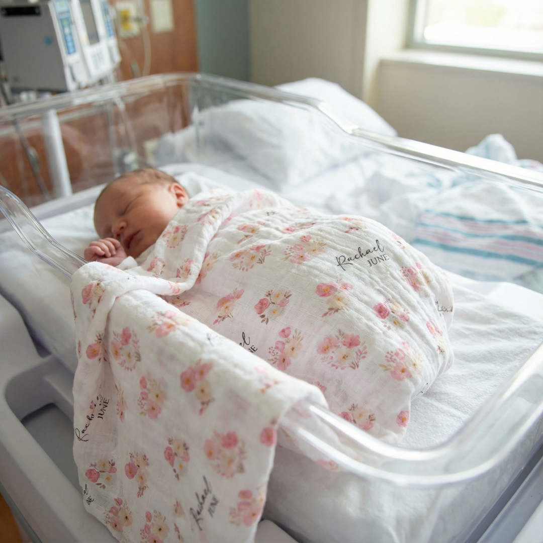 Custom muslin swaddle wrap personalized with baby name, soft breathable fabric, 120x120cm size for newborns and babies.