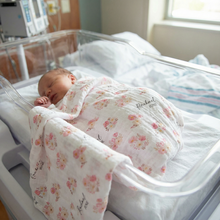 Custom muslin swaddle wrap personalized with baby name, soft breathable fabric, 120x120cm size for newborns and babies.