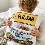 Personalised construction pocket book cushion with truck and excavator designs and child's name on front