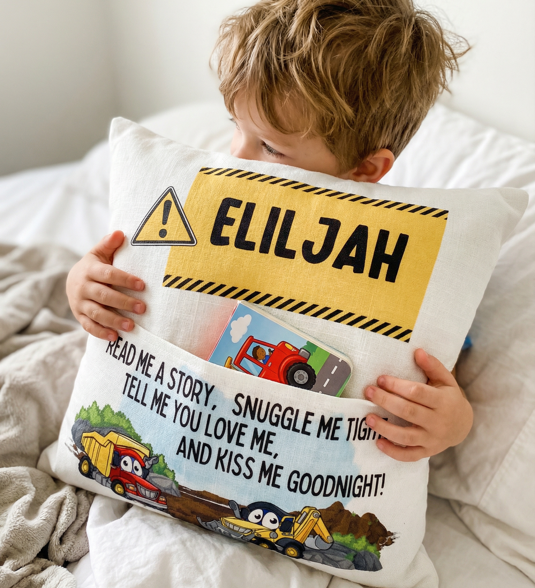 Personalised construction pocket book cushion with truck and excavator designs and child's name on front