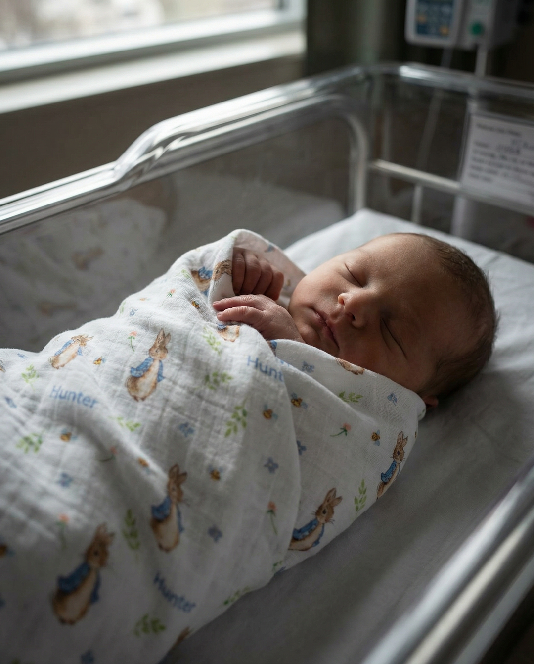 Personalised muslin swaddle wrap with baby name, soft breathable fabric, 120x120cm size for newborns.