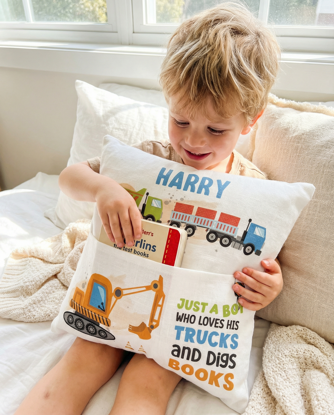 Personalised truck pocket book cushion with construction design and built-in pocket for kids&