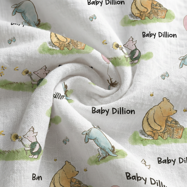 Personalised muslin swaddle wrap with baby name, soft breathable fabric, 120x120cm for newborns