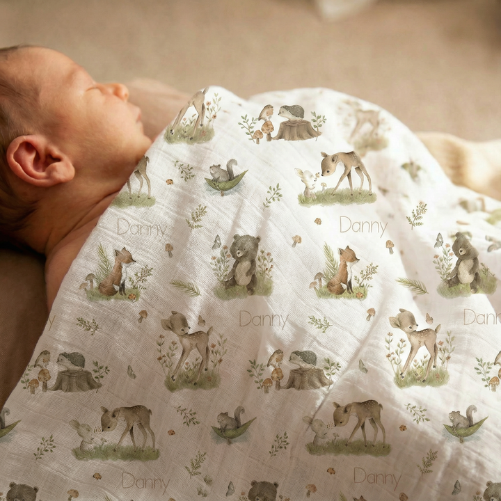 Personalised muslin swaddle wrap with baby name, soft breathable fabric, 120x120cm, ideal for newborns and gifting