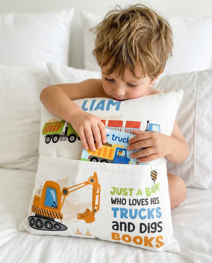 Personalised truck pocket book cushion with child&