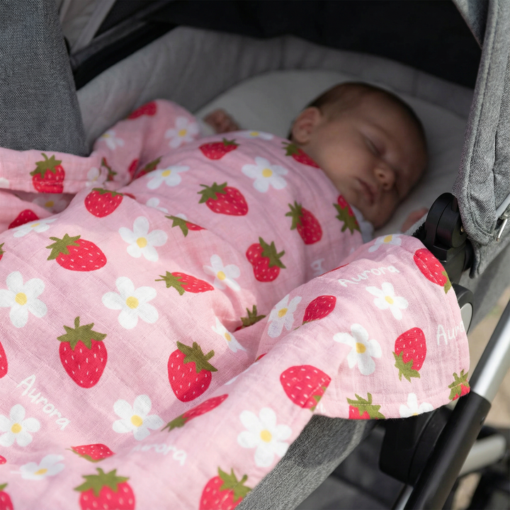 Personalised muslin swaddle wrap with custom baby name, soft breathable fabric, 120x120cm size for newborns and babies