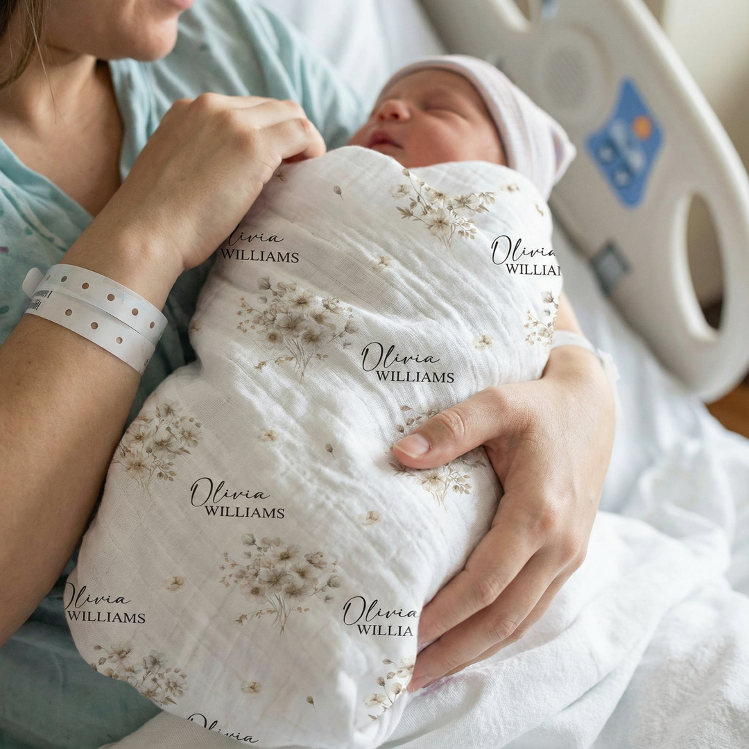 Custom muslin swaddle wrap personalized with baby’s name, soft breathable fabric, 120x120cm, gentle and lightweight for newborns