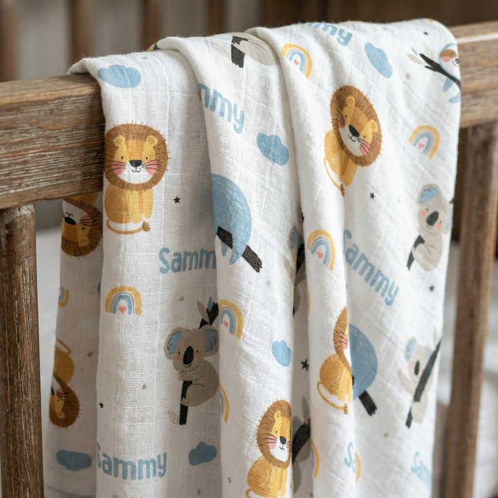 Personalised muslin swaddle wrap with baby name, soft breathable fabric, 120x120cm for newborn comfort and gifting