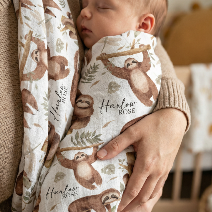Custom muslin swaddle wrap personalized with baby’s name, soft breathable fabric, 120x120cm size for newborns.
