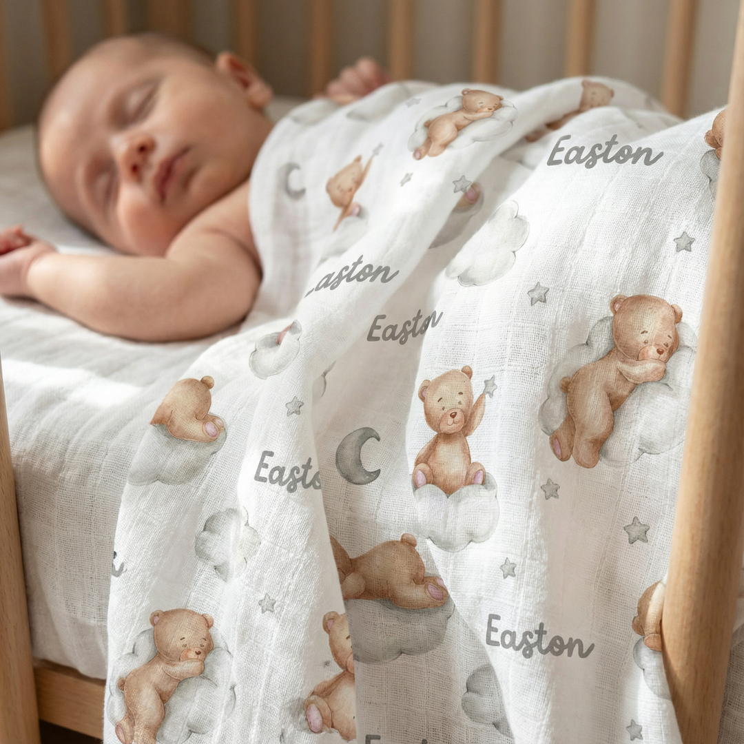 Personalised muslin swaddle wrap with baby name, lightweight breathable fabric, 120x120cm size for newborn comfort and keepsake gift