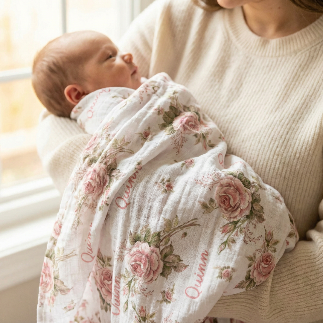 Personalised muslin swaddle wrap with baby name, soft breathable 120x120cm fabric for newborns and babies
