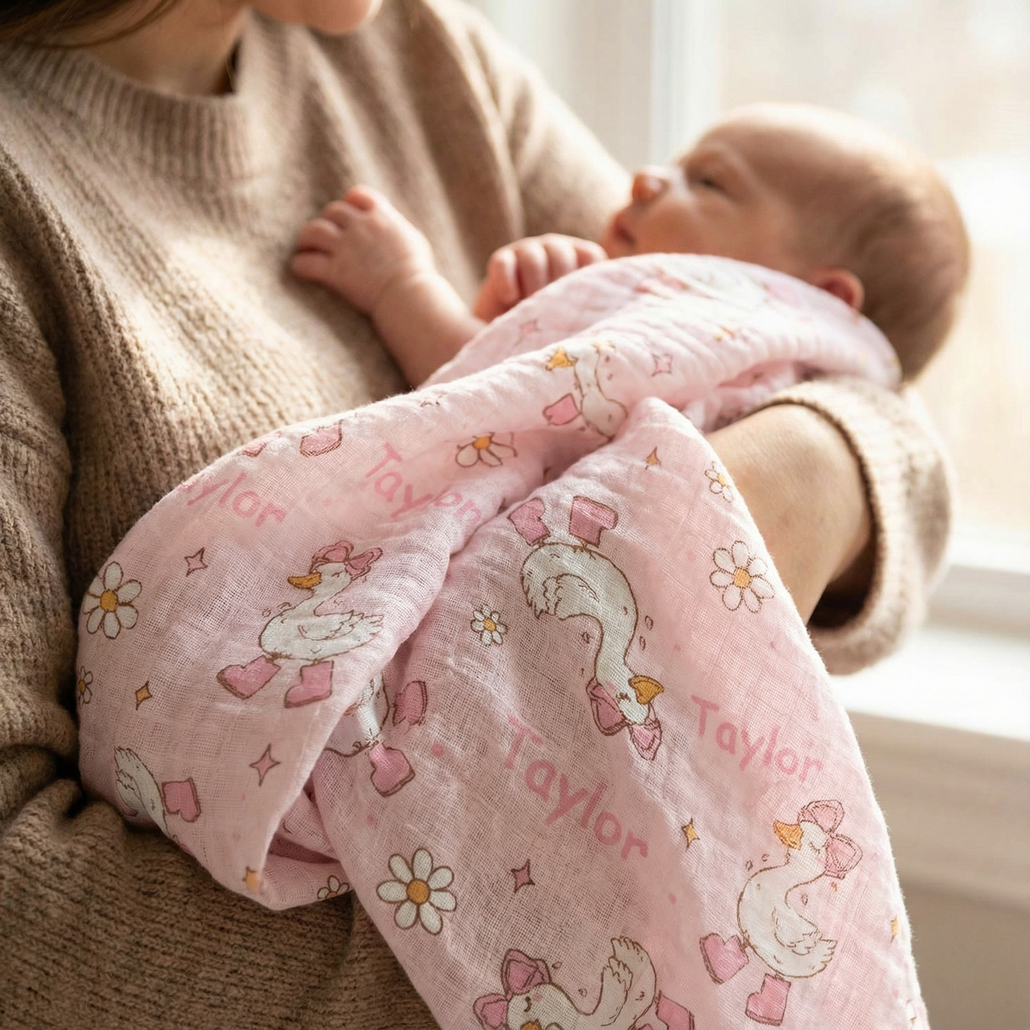 Personalised muslin swaddle wrap with baby name, soft breathable fabric, 120x120cm size, ideal for newborns and babies.