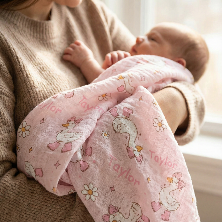 Personalised muslin swaddle wrap with baby name, soft breathable fabric, 120x120cm size, ideal for newborns and babies.
